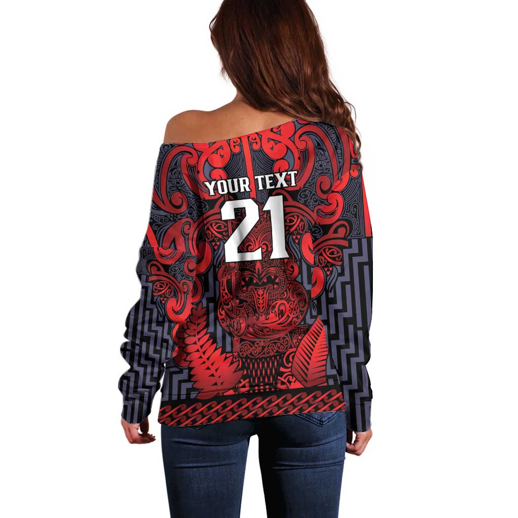 Custom New Zealand Taiaha Maori Off Shoulder Sweater Whero Minimalist Silver Fern Tukutuku Motif