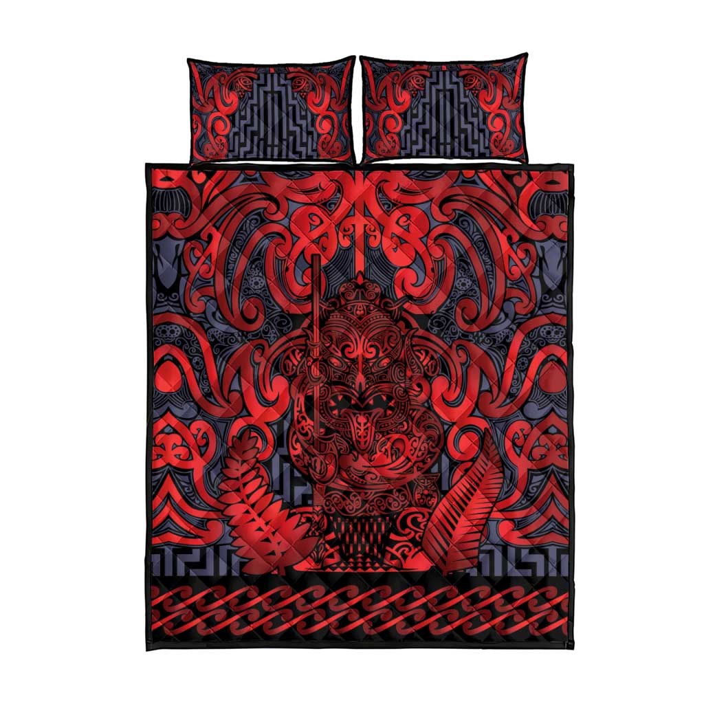 New Zealand Taiaha Maori Quilt Bed Set Whero Minimalist Silver Fern Tukutuku Motif