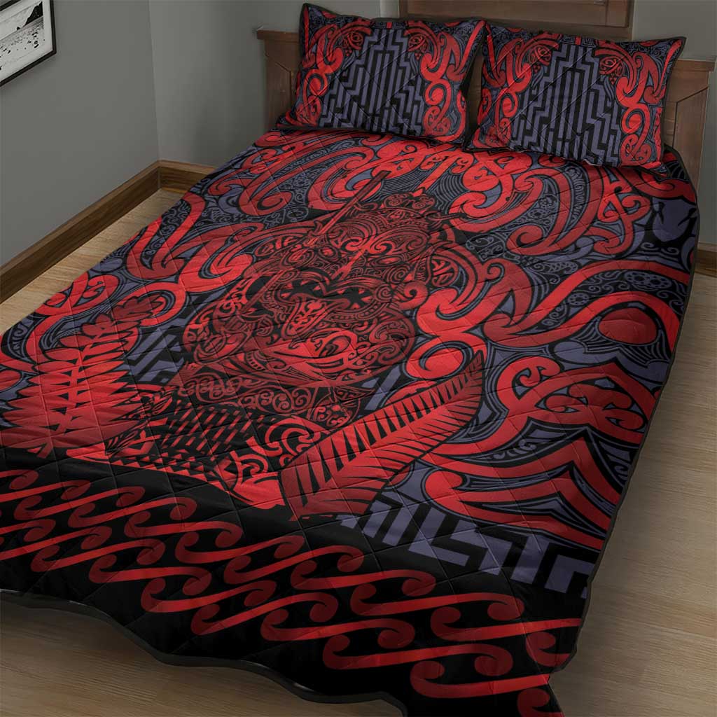 New Zealand Taiaha Maori Quilt Bed Set Whero Minimalist Silver Fern Tukutuku Motif