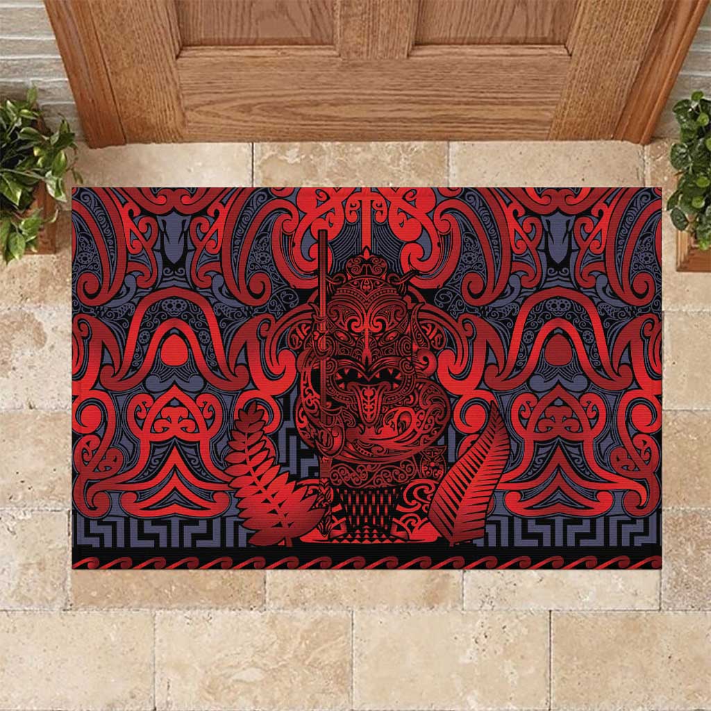 New Zealand Taiaha Maori Rubber Doormat Whero Minimalist Silver Fern Tukutuku Motif LT9 Red - Polynesian Pride