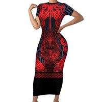 Custom New Zealand Taiaha Maori Short Sleeve Bodycon Dress Whero Minimalist Silver Fern Tukutuku Motif LT9 Long Dress Red - Polynesian Pride