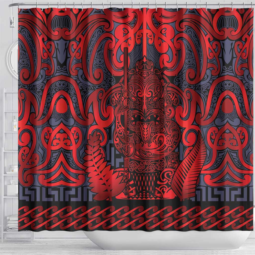 New Zealand Taiaha Maori Shower Curtain Whero Minimalist Silver Fern Tukutuku Motif LT9 - Polynesian Pride