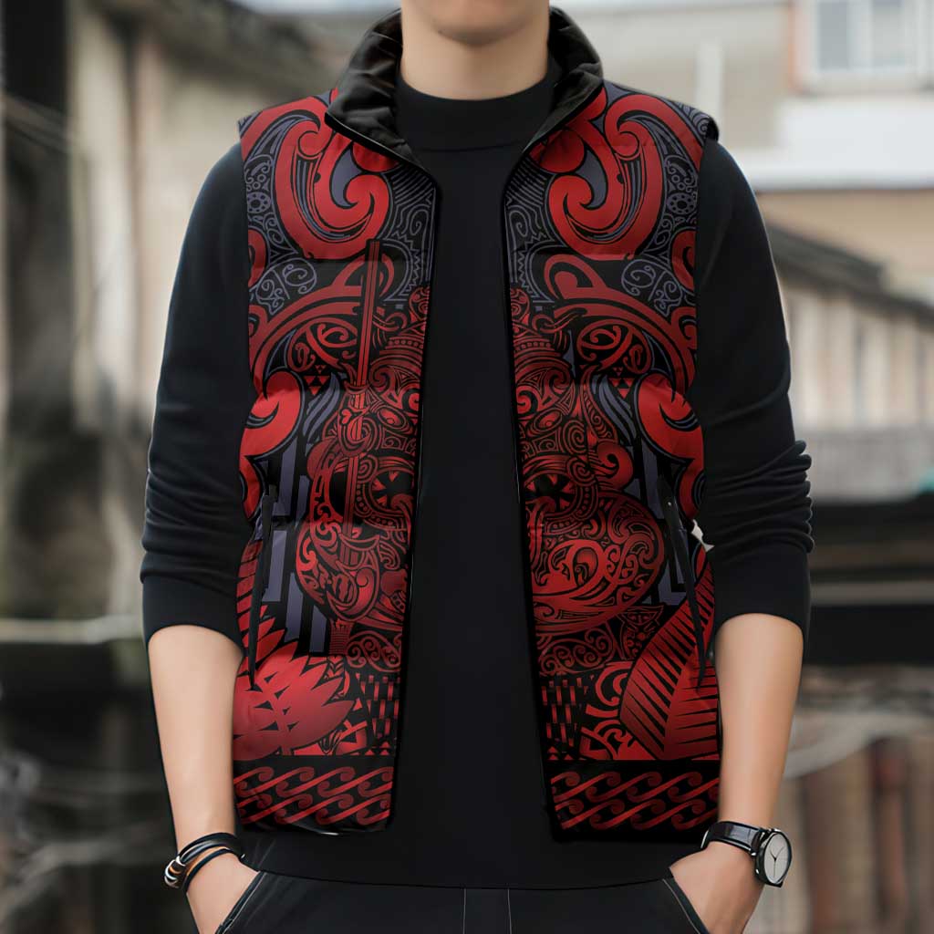 Custom New Zealand Taiaha Maori Sleeveless Puffer Jacket Whero Minimalist Silver Fern Tukutuku Motif