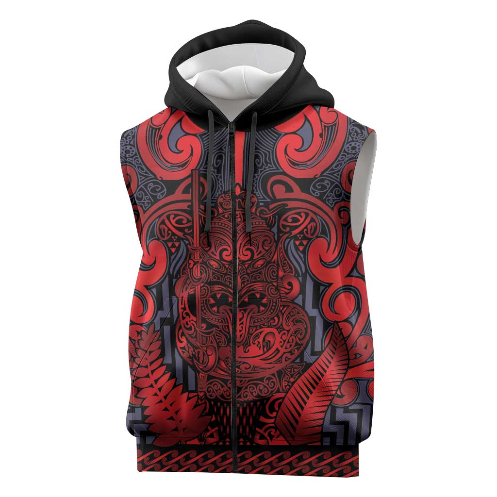 Custom New Zealand Taiaha Maori Sleeveless Zip Hoodie Whero Minimalist Silver Fern Tukutuku Motif