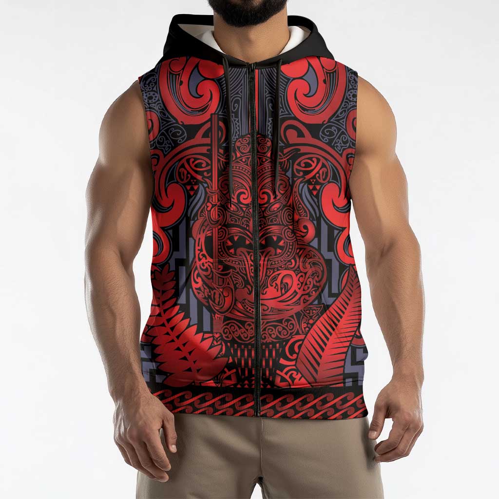 Custom New Zealand Taiaha Maori Sleeveless Zip Hoodie Whero Minimalist Silver Fern Tukutuku Motif LT9 - Polynesian Pride