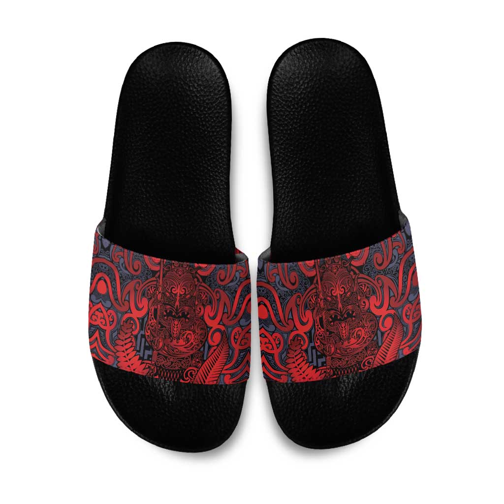 New Zealand Taiaha Maori Slide Sandals Whero Minimalist Silver Fern Tukutuku Motif