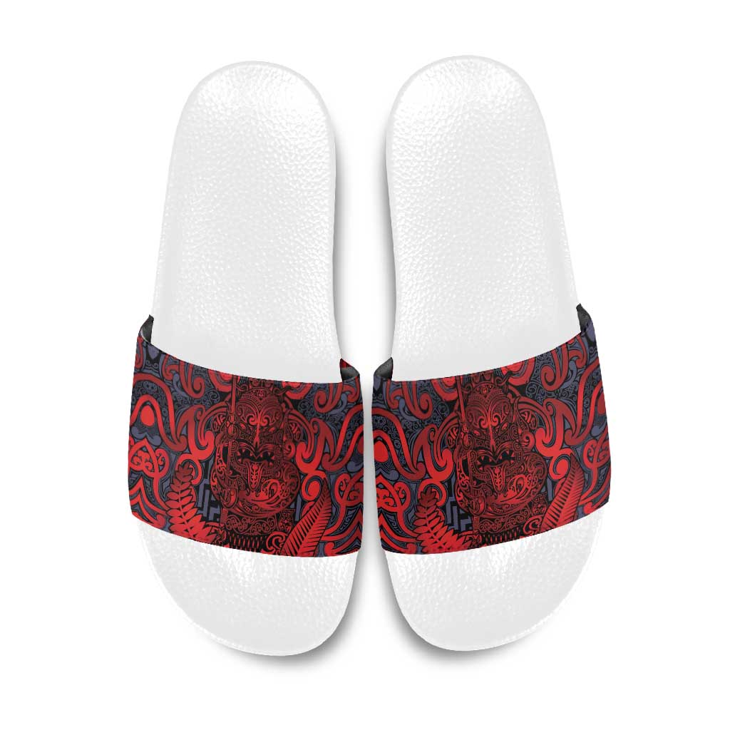 New Zealand Taiaha Maori Slide Sandals Whero Minimalist Silver Fern Tukutuku Motif LT9 Red - Polynesian Pride