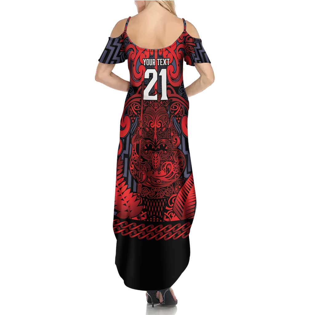 Custom New Zealand Taiaha Maori Summer Maxi Dress Whero Minimalist Silver Fern Tukutuku Motif LT9 - Polynesian Pride
