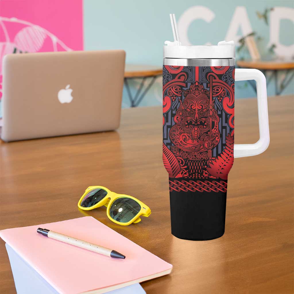 Custom New Zealand Taiaha Maori Tumbler With Handle Whero Minimalist Silver Fern Tukutuku Motif LT9 - Polynesian Pride