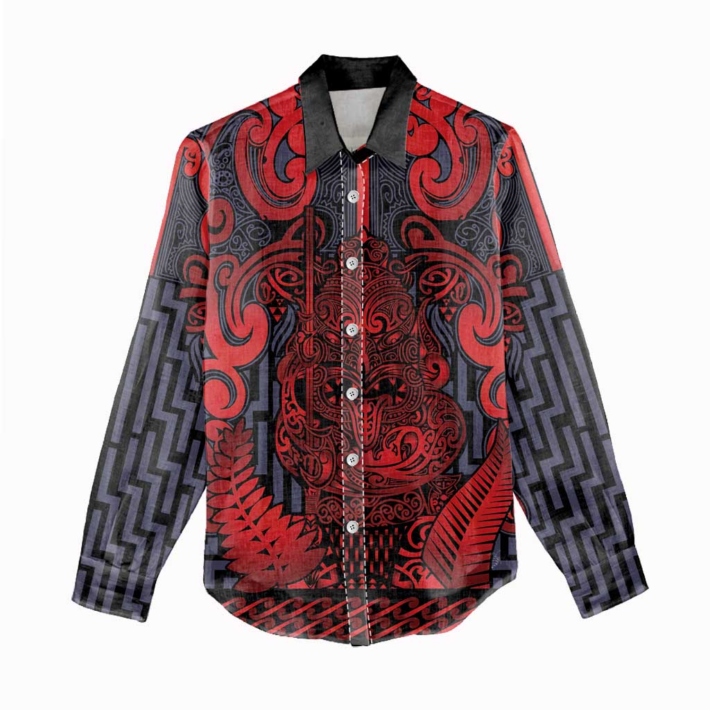 Custom New Zealand Taiaha Maori Women Casual Shirt Whero Minimalist Silver Fern Tukutuku Motif LT9 - Polynesian Pride