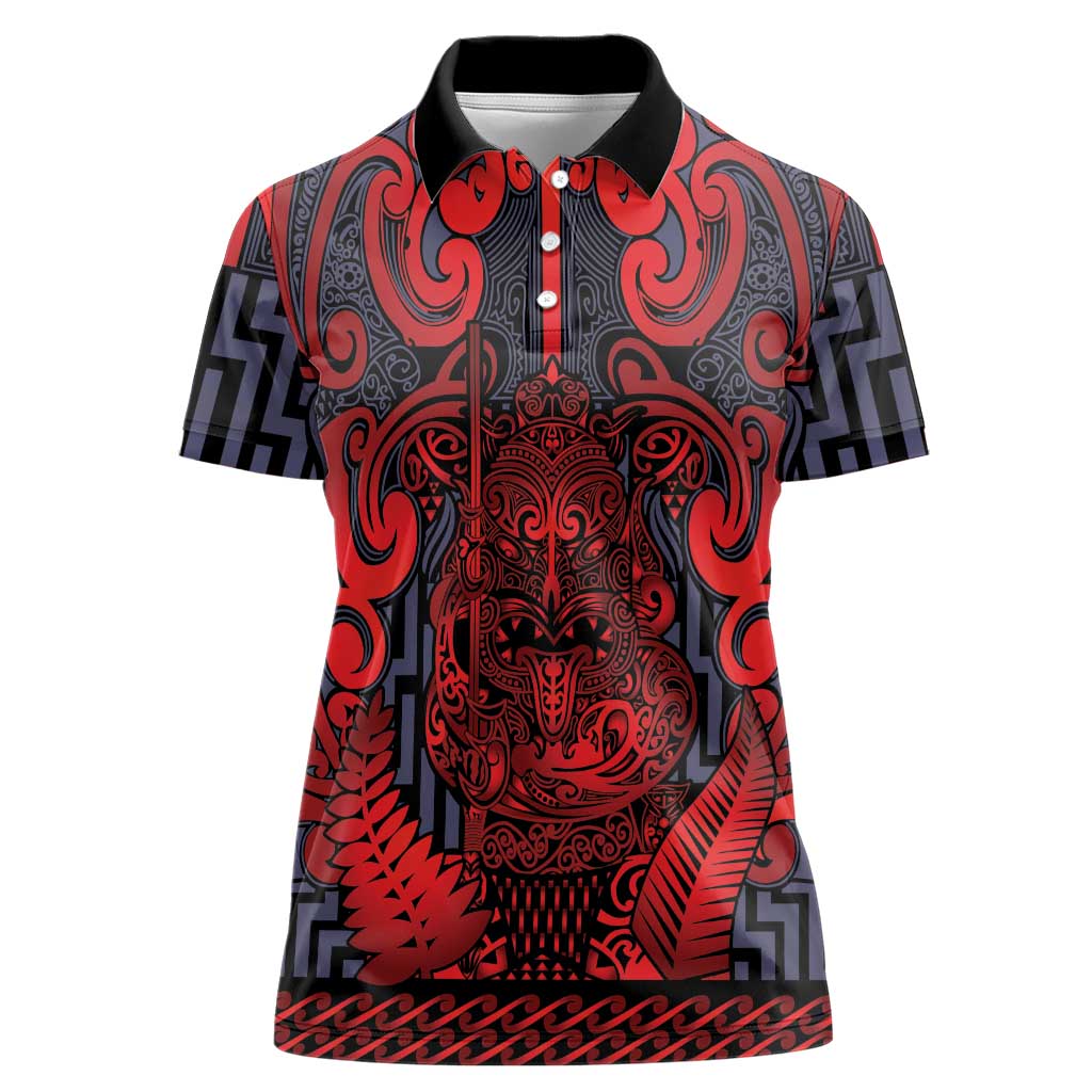 Custom New Zealand Taiaha Maori Women Polo Shirt Whero Minimalist Silver Fern Tukutuku Motif