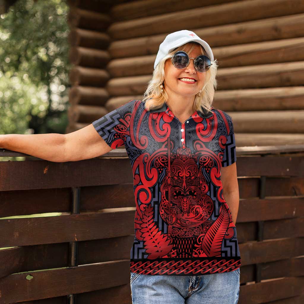 Custom New Zealand Taiaha Maori Women Polo Shirt Whero Minimalist Silver Fern Tukutuku Motif