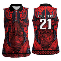 Custom New Zealand Taiaha Maori Women Sleeveless Polo Shirt Whero Minimalist Silver Fern Tukutuku Motif