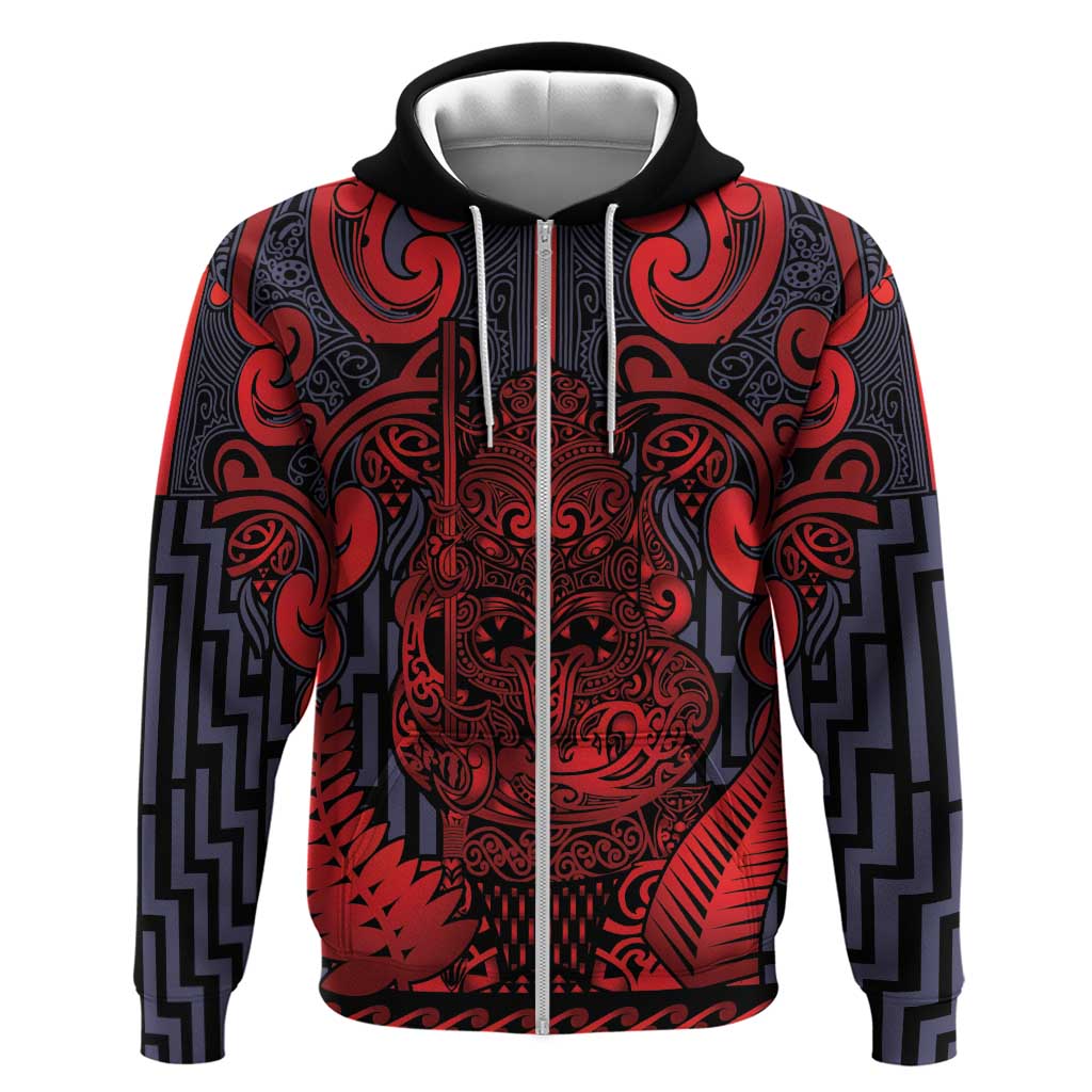 Custom New Zealand Taiaha Maori Zip Hoodie Whero Minimalist Silver Fern Tukutuku Motif LT9 Zip Hoodie Red - Polynesian Pride
