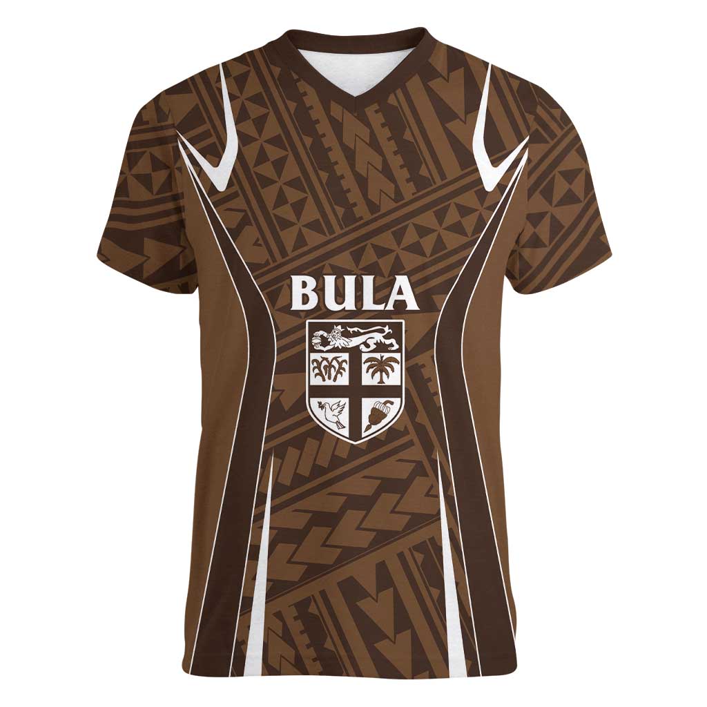 Custom Oceania Football Bula Fiji Women V-Neck T-Shirt Polynesian Tribal Pattern