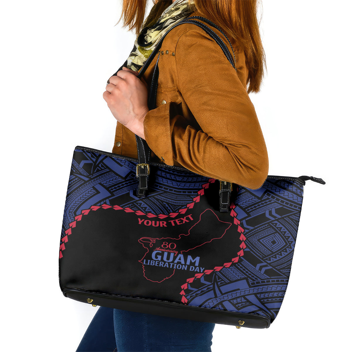 Personalized Guam 80th Anniversary Liberation Day Leather Tote Bag Guahan Basic Seal LT9 Black - Polynesian Pride