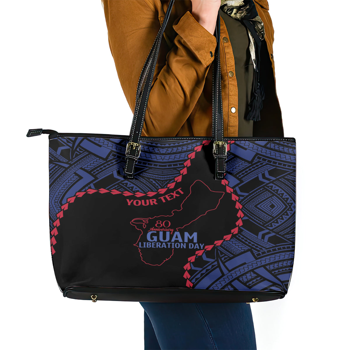 Personalized Guam 80th Anniversary Liberation Day Leather Tote Bag Guahan Basic Seal LT9 - Polynesian Pride