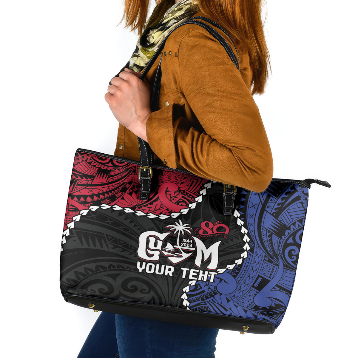 Personalized Guam 80th Anniversary Liberation Day Leather Tote Bag Tano I Man Chamoru Since 1944 LT9 Black - Polynesian Pride