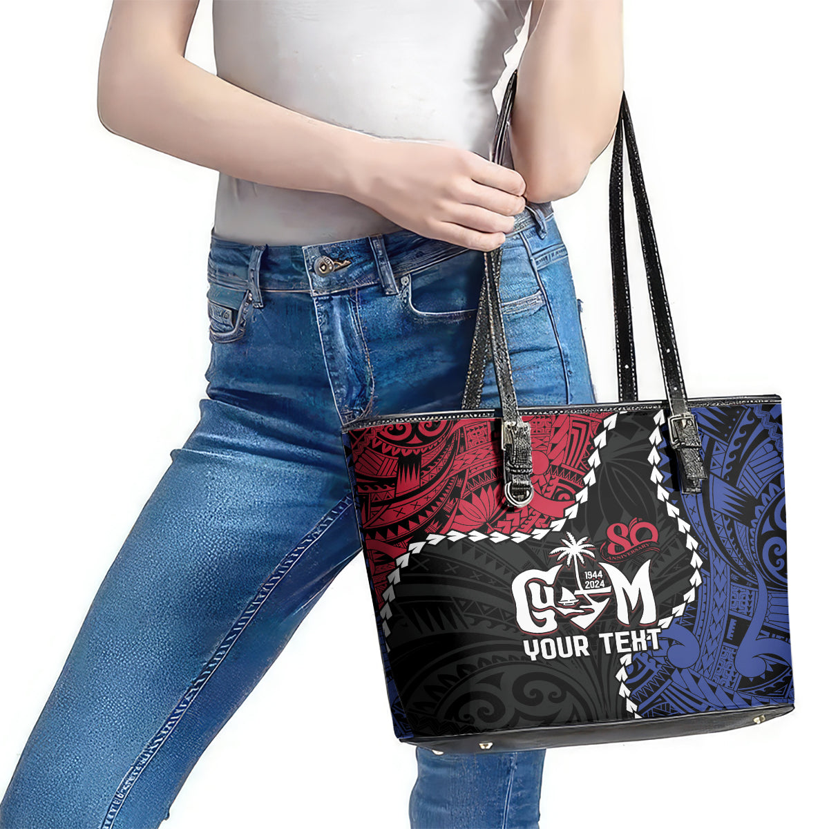 Personalized Guam 80th Anniversary Liberation Day Leather Tote Bag Tano I Man Chamoru Since 1944 LT9 - Polynesian Pride