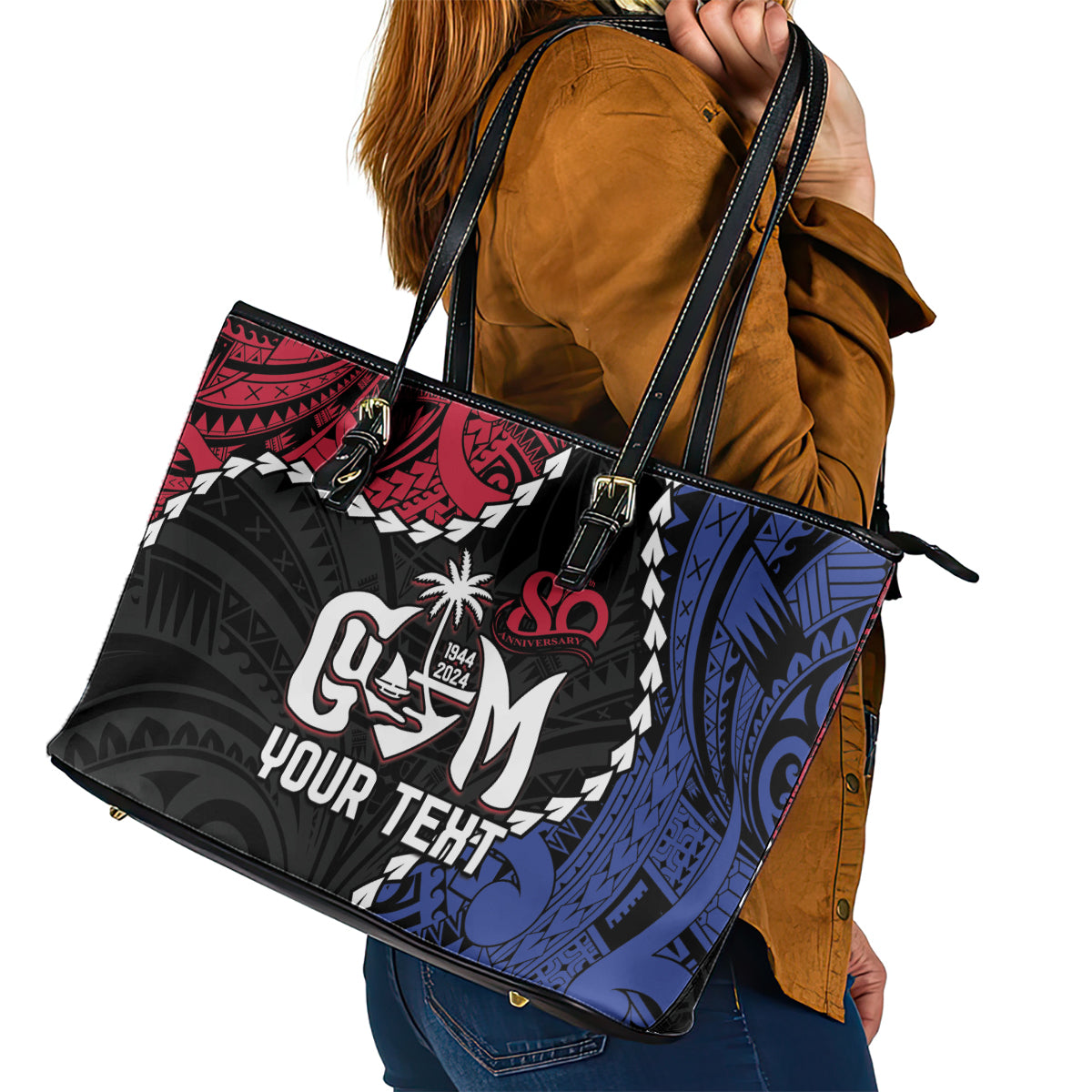 Personalized Guam 80th Anniversary Liberation Day Leather Tote Bag Tano I Man Chamoru Since 1944 LT9 - Polynesian Pride