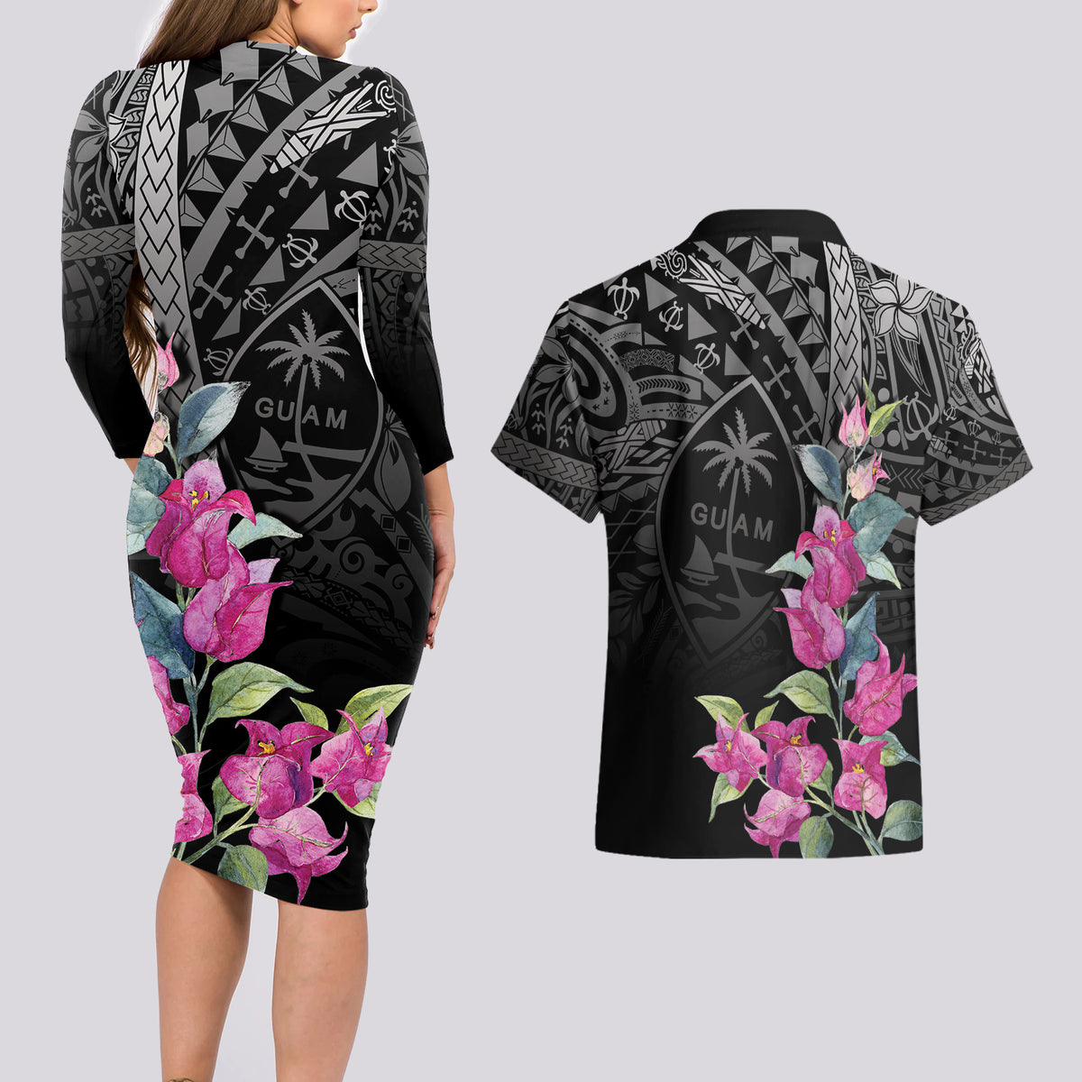 Guahan Puti Tai Nobiu Couples Matching Long Sleeve Bodycon Dress and Hawaiian Shirt Guam Bougainvillea Flower Art