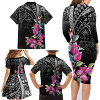Guahan Puti Tai Nobiu Family Matching Long Sleeve Bodycon Dress and Hawaiian Shirt Guam Bougainvillea Flower Art
