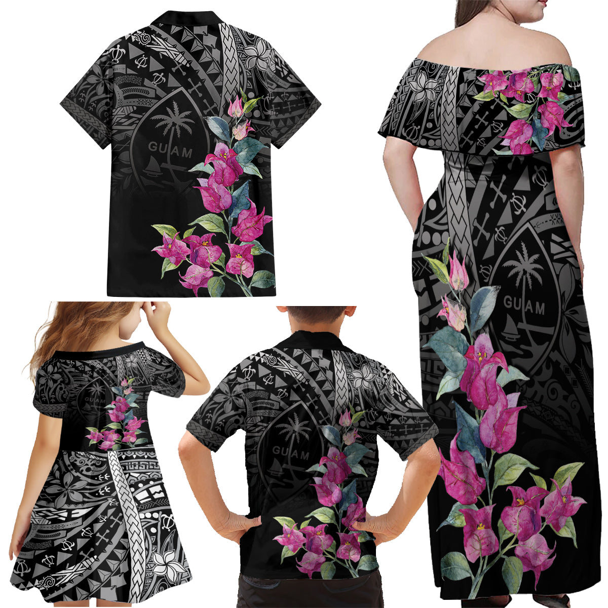 Guahan Puti Tai Nobiu Family Matching Off Shoulder Maxi Dress and Hawaiian Shirt Guam Bougainvillea Flower Art LT9 - Polynesian Pride