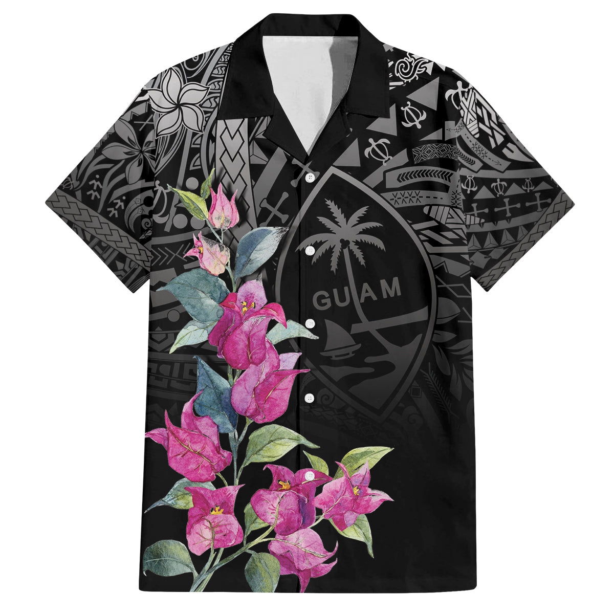 Guahan Puti Tai Nobiu Family Matching Off Shoulder Maxi Dress and Hawaiian Shirt Guam Bougainvillea Flower Art LT9 Dad's Shirt - Short Sleeve Black - Polynesian Pride