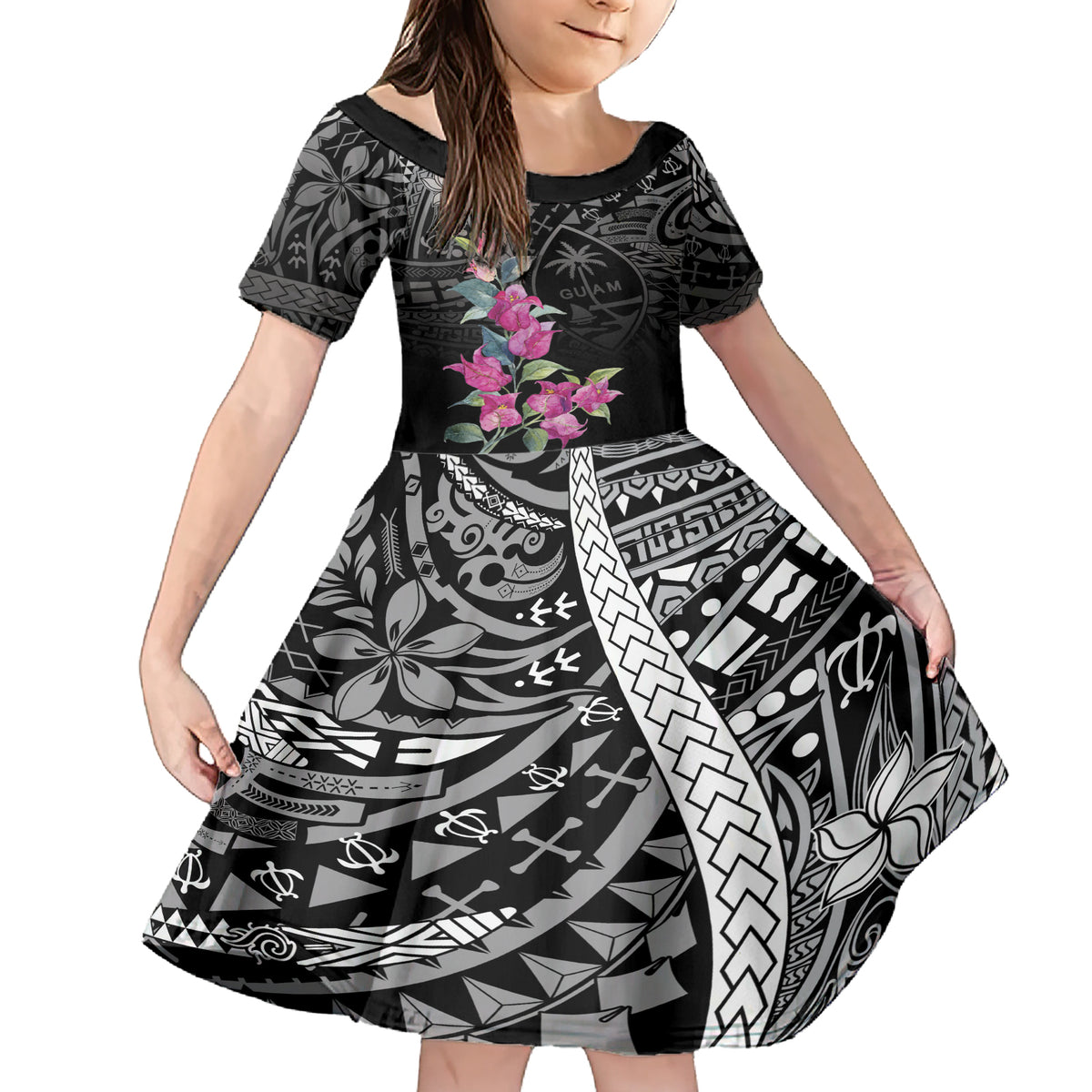 Guahan Puti Tai Nobiu Family Matching Short Sleeve Bodycon Dress and Hawaiian Shirt Guam Bougainvillea Flower Art LT9 Daughter's Dress Black - Polynesian Pride