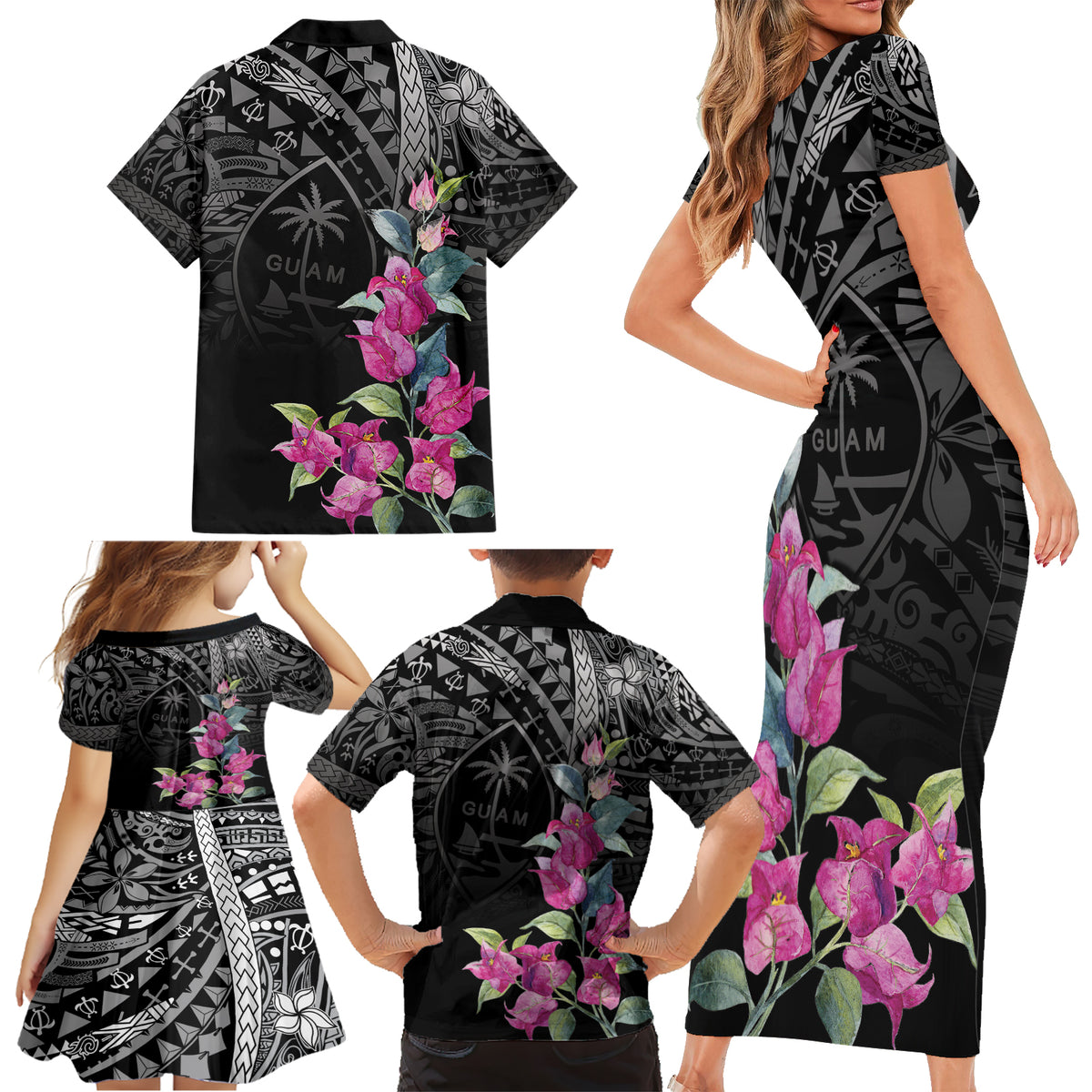 Guahan Puti Tai Nobiu Family Matching Short Sleeve Bodycon Dress and Hawaiian Shirt Guam Bougainvillea Flower Art LT9 - Polynesian Pride