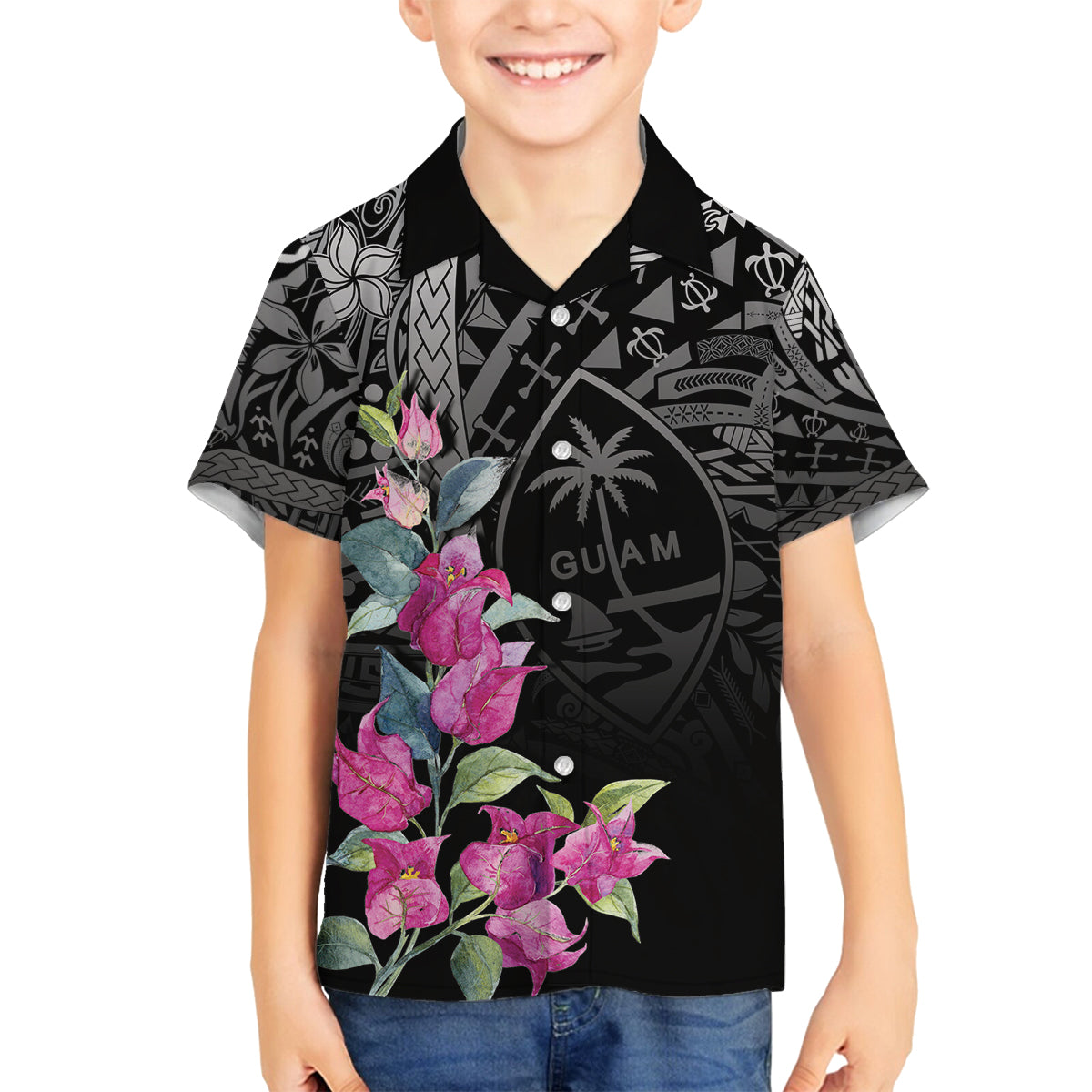 Guahan Puti Tai Nobiu Family Matching Summer Maxi Dress and Hawaiian Shirt Guam Bougainvillea Flower Art LT9 Son's Shirt Black - Polynesian Pride