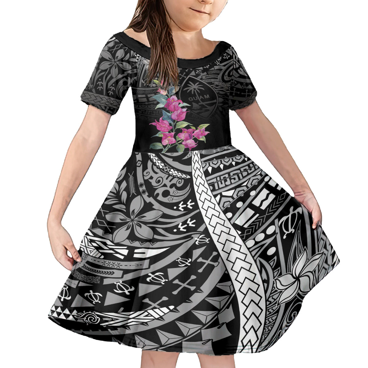 Guahan Puti Tai Nobiu Family Matching Tank Maxi Dress and Hawaiian Shirt Guam Bougainvillea Flower Art LT9 Daughter's Dress Black - Polynesian Pride