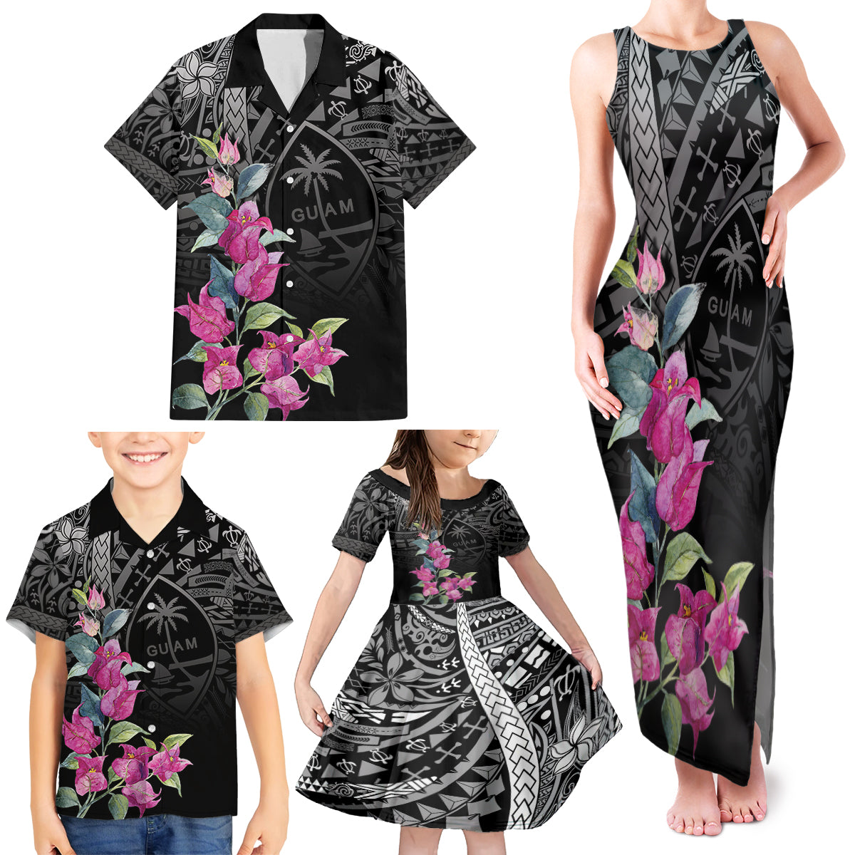 Guahan Puti Tai Nobiu Family Matching Tank Maxi Dress and Hawaiian Shirt Guam Bougainvillea Flower Art LT9 - Polynesian Pride