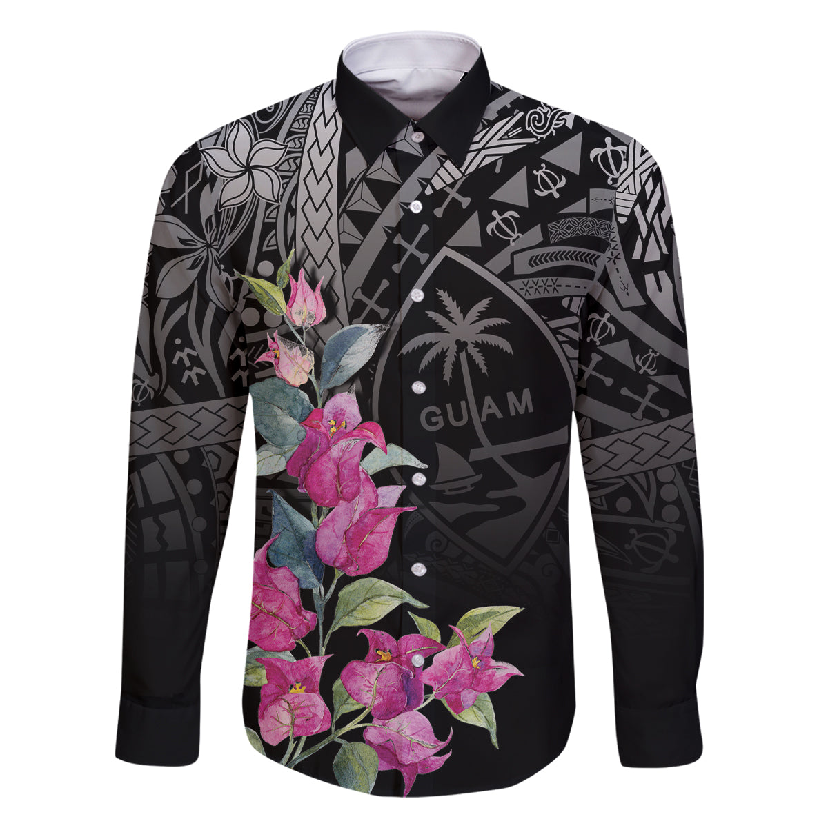 Guahan Puti Tai Nobiu Family Matching Tank Maxi Dress and Hawaiian Shirt Guam Bougainvillea Flower Art LT9 Dad's Shirt - Long Sleeve Black - Polynesian Pride