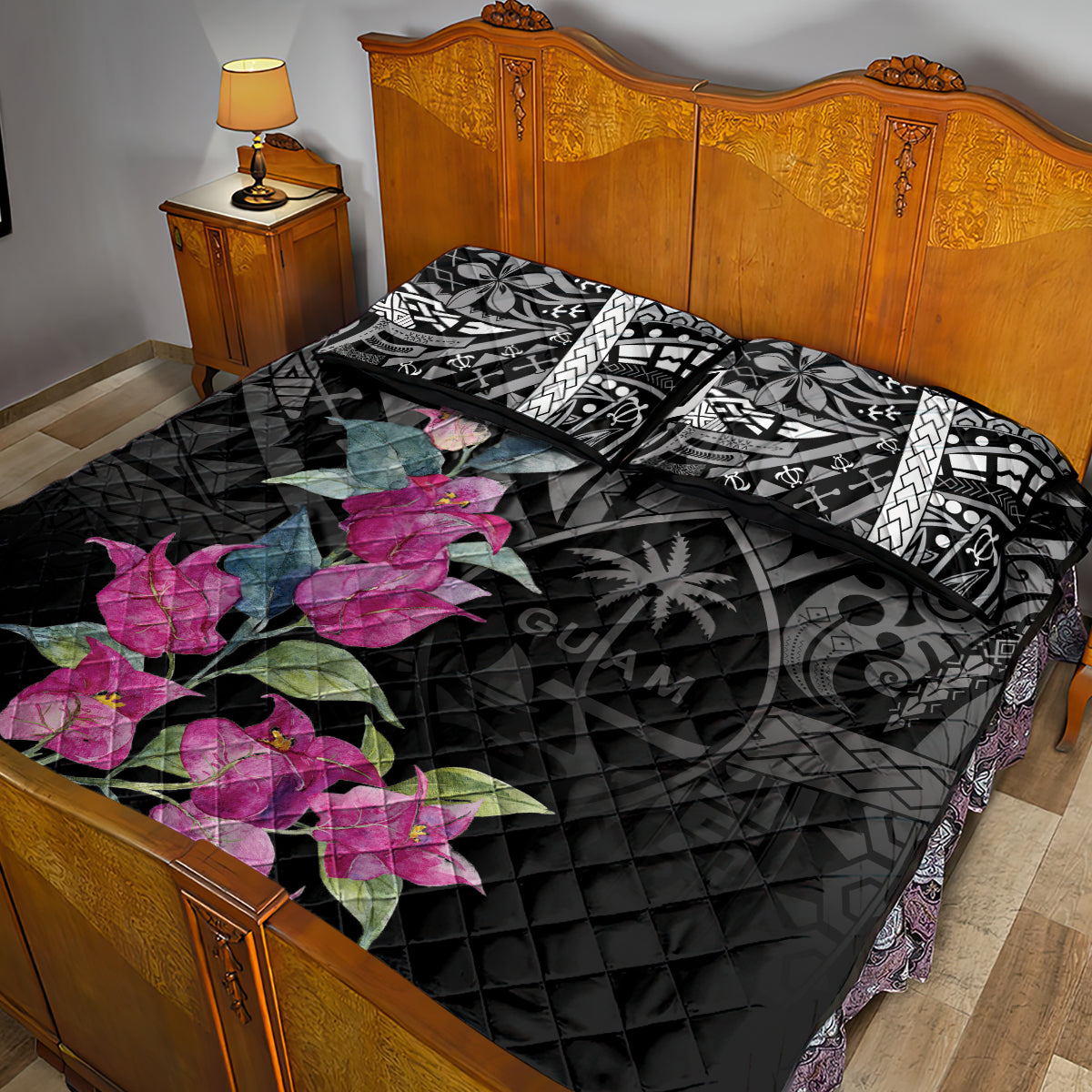 Guahan Puti Tai Nobiu Quilt Bed Set Guam Bougainvillea Flower Art