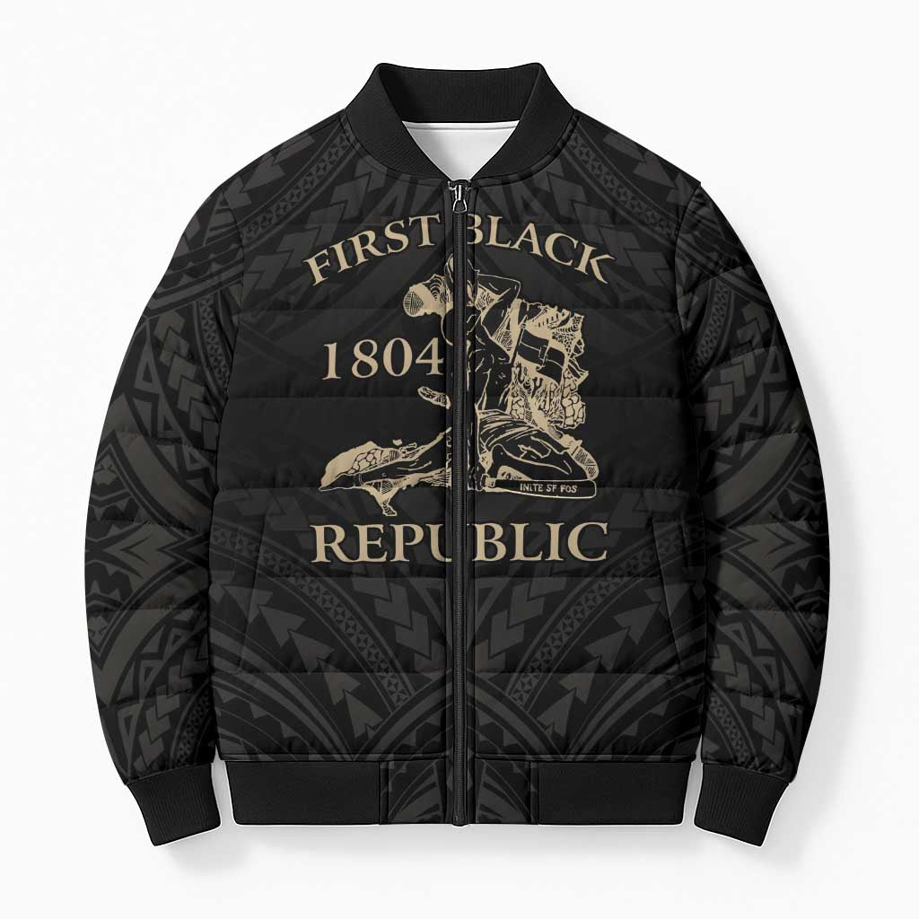 Personalized Haiti First Black Republic Bomber Puffer Jacket Negre Marron With Map And Flag LT9 Unisex Black - Polynesian Pride