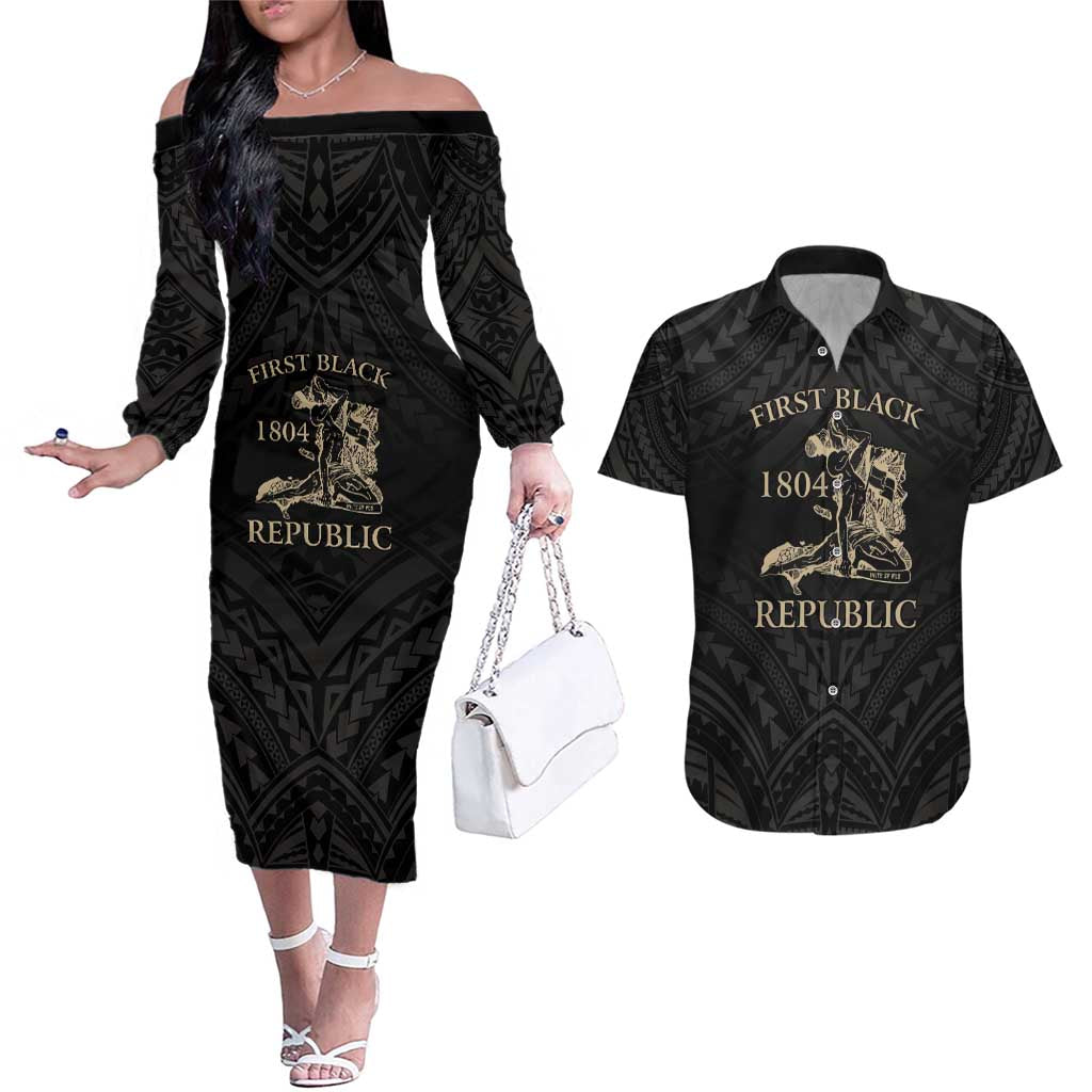 Personalized Haiti First Black Republic Couples Matching Off The Shoulder Long Sleeve Dress and Hawaiian Shirt Negre Marron With Map And Flag