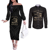 Personalized Haiti First Black Republic Couples Matching Off The Shoulder Long Sleeve Dress and Long Sleeve Button Shirt Negre Marron With Map And Flag LT9 Black - Polynesian Pride