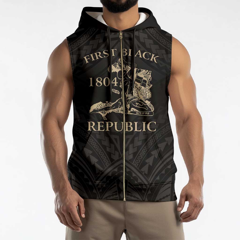 Personalized Haiti First Black Republic Sleeveless Zip Hoodie Negre Marron With Map And Flag - Polynesian Pride