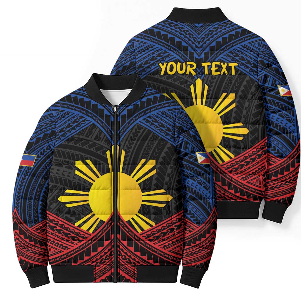 Personalized Philippines Bomber Puffer Jacket Polynesian Tribal Tattoo with Filipino Flag Motif - Polynesian Pride