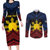 Personalized Philippines Couples Matching Long Sleeve Bodycon Dress and Long Sleeve Button Shirt Polynesian Tribal Tattoo with Filipino Flag Motif