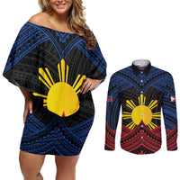 Personalized Philippines Couples Matching Off Shoulder Short Dress and Long Sleeve Button Shirt Polynesian Tribal Tattoo with Filipino Flag Motif