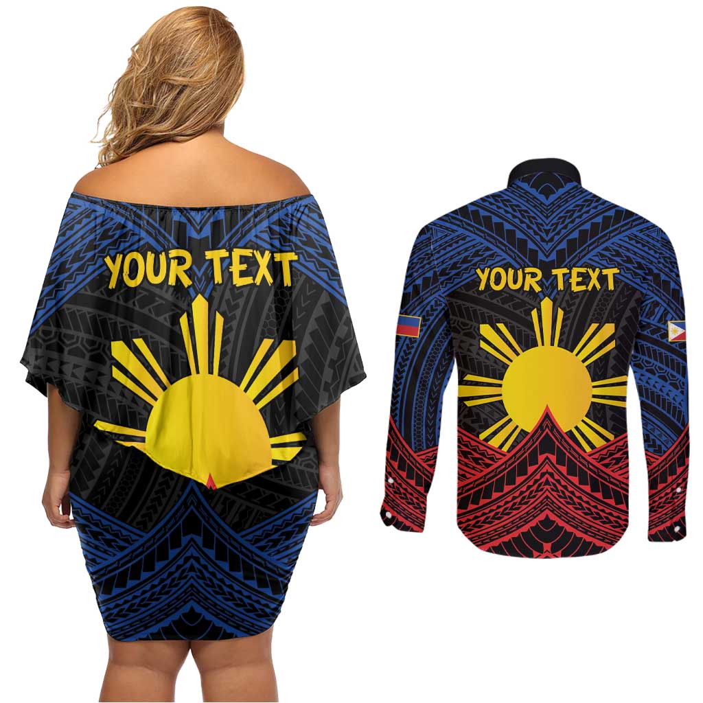 Personalized Philippines Couples Matching Off Shoulder Short Dress and Long Sleeve Button Shirt Polynesian Tribal Tattoo with Filipino Flag Motif