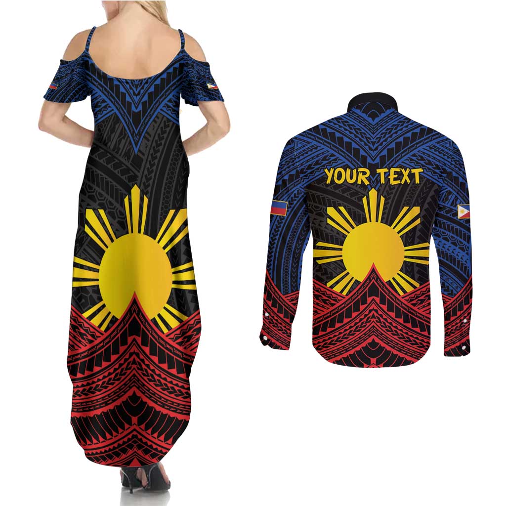 Personalized Philippines Couples Matching Summer Maxi Dress and Long Sleeve Button Shirt Polynesian Tribal Tattoo with Filipino Flag Motif