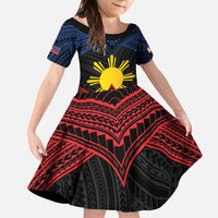 Personalized Philippines Family Matching Off The Shoulder Long Sleeve Dress and Hawaiian Shirt Polynesian Tribal Tattoo with Filipino Flag Motif