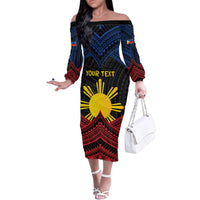 Personalized Philippines Family Matching Off The Shoulder Long Sleeve Dress and Hawaiian Shirt Polynesian Tribal Tattoo with Filipino Flag Motif