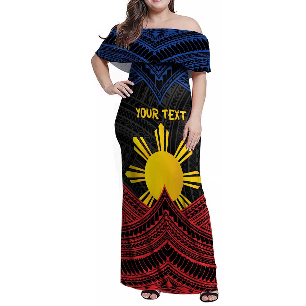 Personalized Philippines Family Matching Off Shoulder Maxi Dress and Hawaiian Shirt Polynesian Tribal Tattoo with Filipino Flag Motif