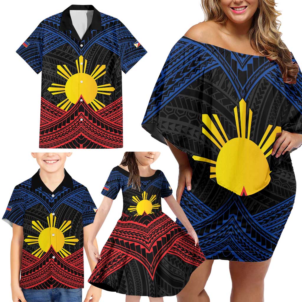 Personalized Philippines Family Matching Off Shoulder Short Dress and Hawaiian Shirt Polynesian Tribal Tattoo with Filipino Flag Motif