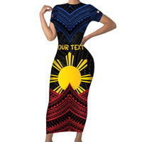Personalized Philippines Family Matching Short Sleeve Bodycon Dress and Hawaiian Shirt Polynesian Tribal Tattoo with Filipino Flag Motif