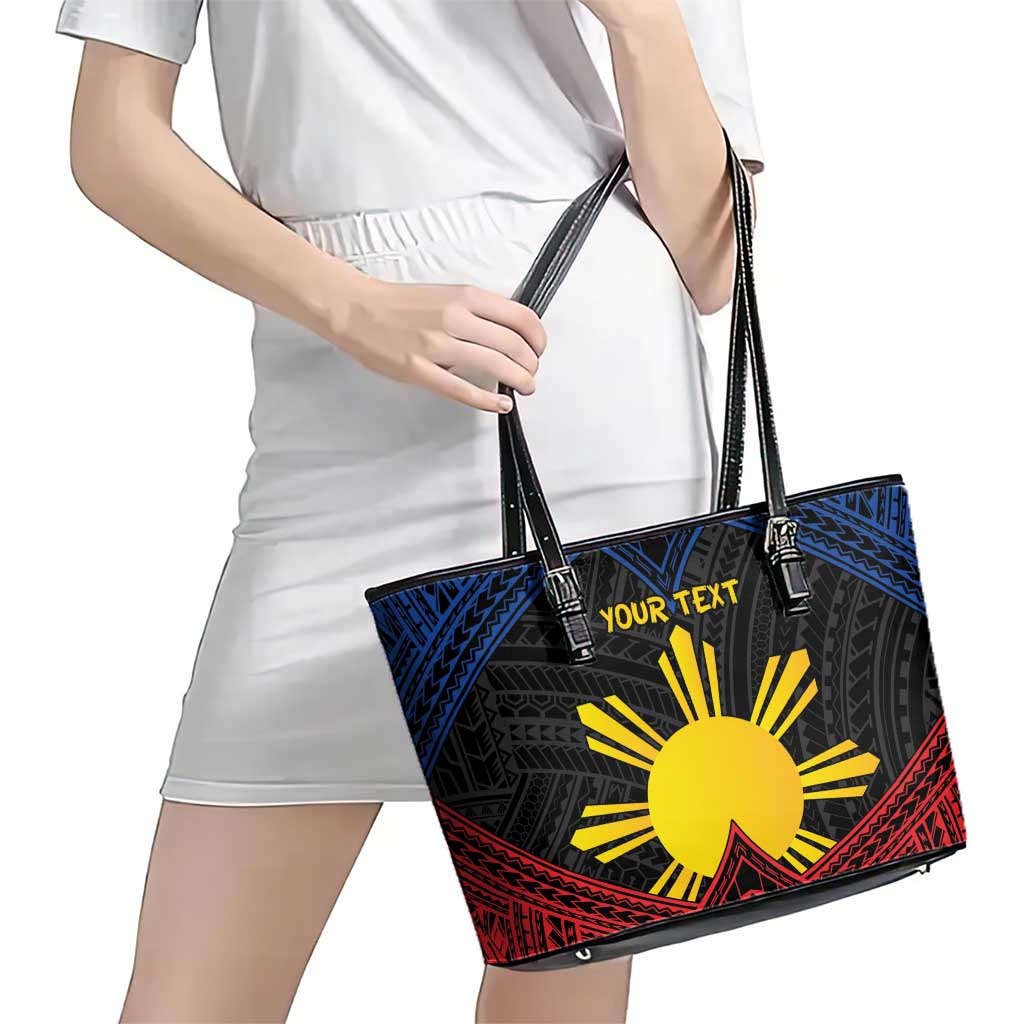 Personalized Philippines Leather Tote Bag Polynesian Tribal Tattoo with Filipino Flag Motif